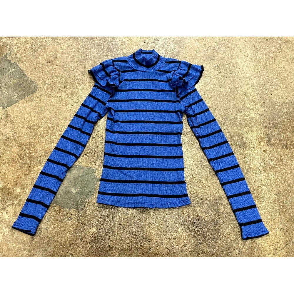 Anthropologie T.La‎ Top Women XS Blue Striped Cotton Ruffled Shoulder Turtleneck